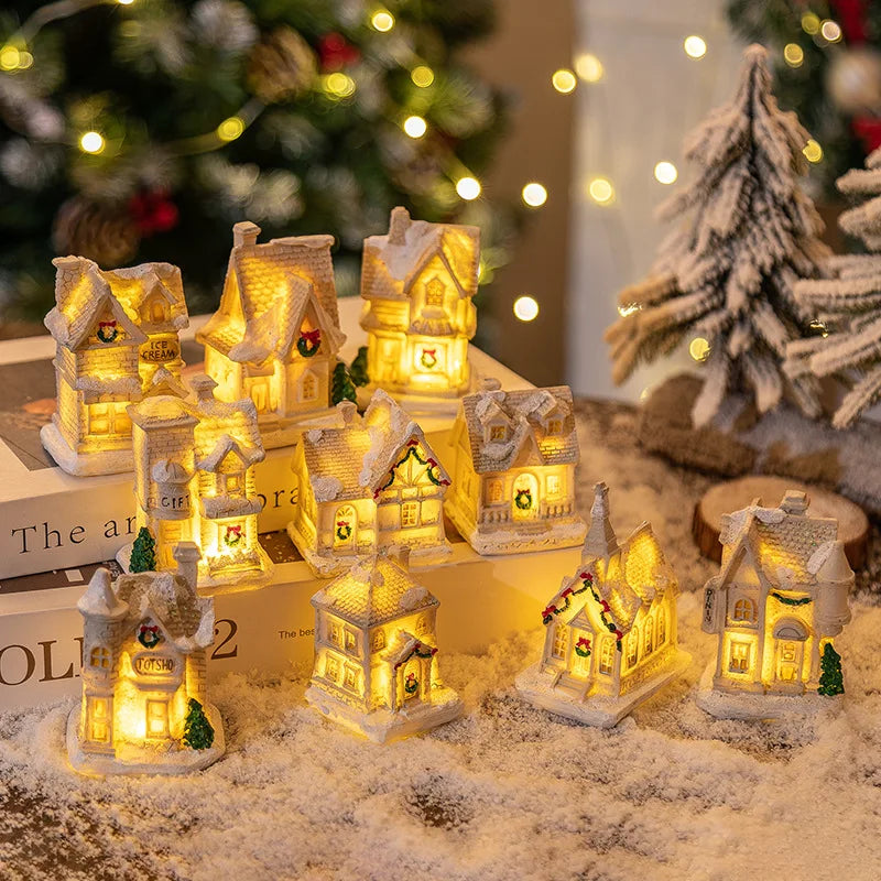 LED Lights Village Houses Christmas Decorations, Resin Miniature, Xmas Scene Ornaments, Festive Party, Desktop Decor, Gift