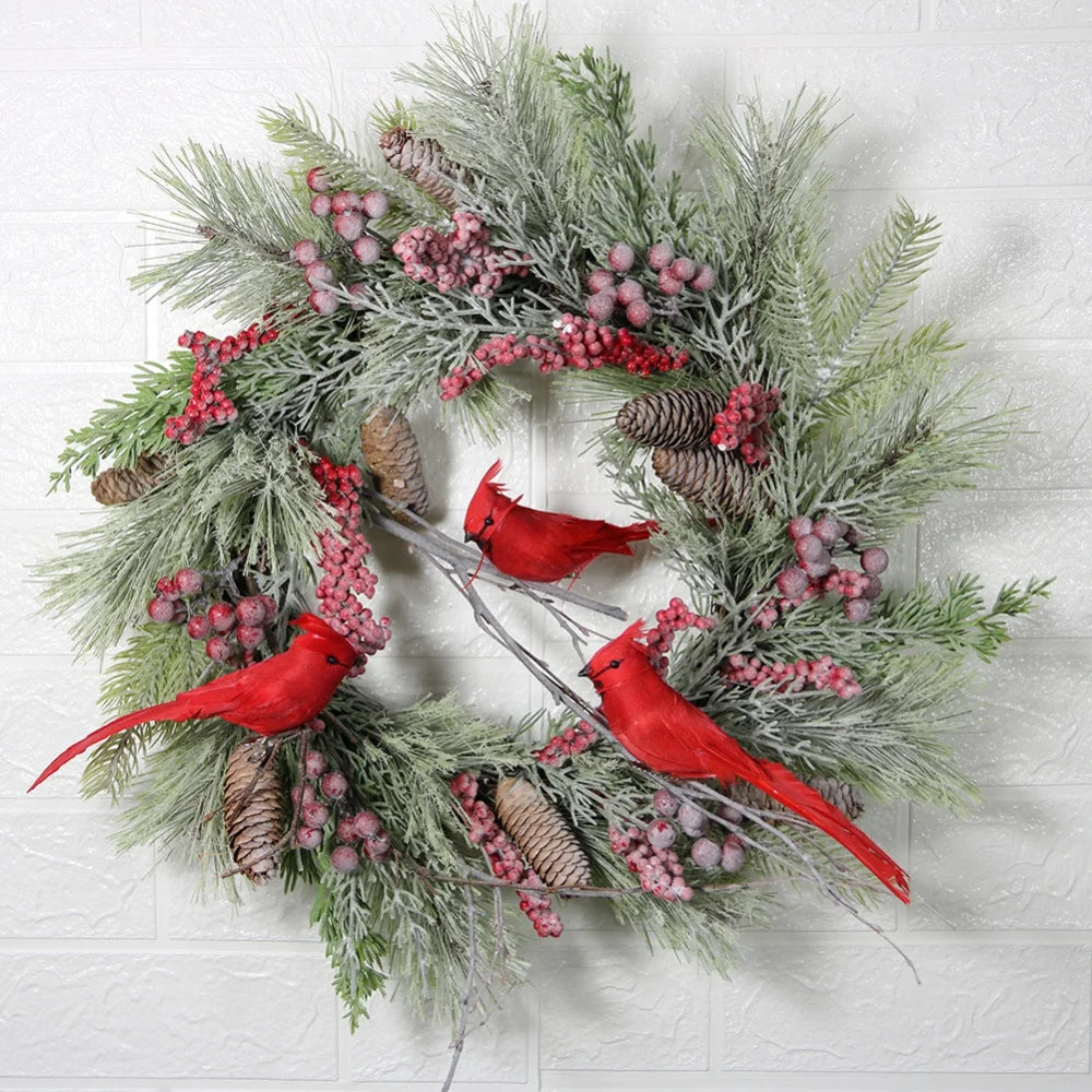 Wreath Rattan Wreath Decorated Pine Cone Cardinal Bird Wreath Christmas Simulation Pine Cone Door Hanging Outdoor Decoration