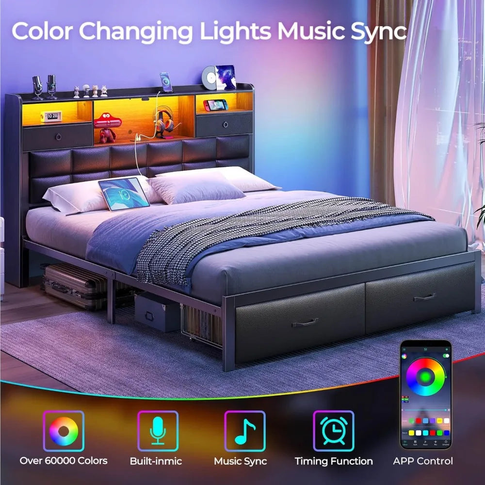 Bed Frame with Drawers and Charging Station, Upholstered Platform Bed with Storage Headboard and LED Light