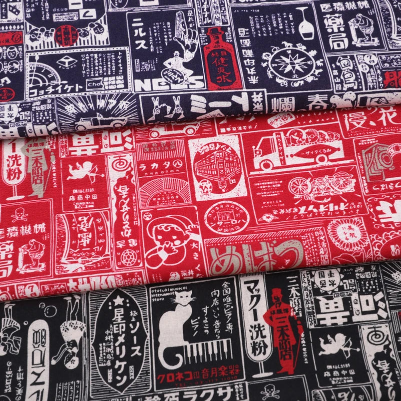 Japanese Style Newspaper Cotton Fabric Red Black Home Tablecloth DIY Handmade Cloth by Half Meter