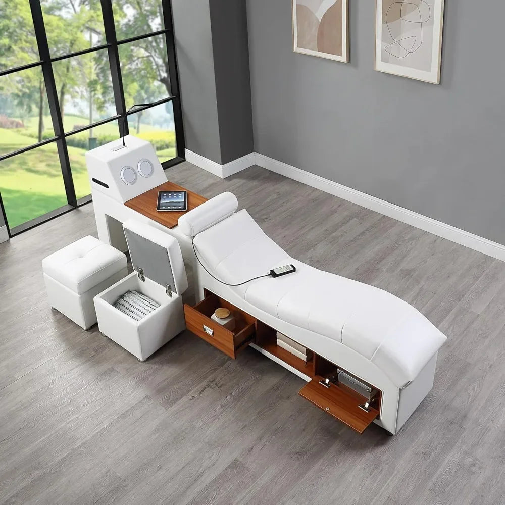 Multifunction Smart Queen Bed Frame, Luxury Upholstered Platform with Massage Recliner/Speaker/USB Port/Storage Drawers