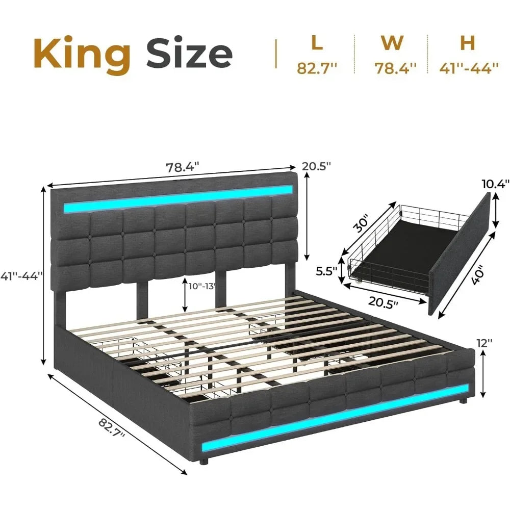 Queen Size Bed Frame with LED Upholstered Platform and Storage Drawers, USB Ports, Dark Grey Bed Frame