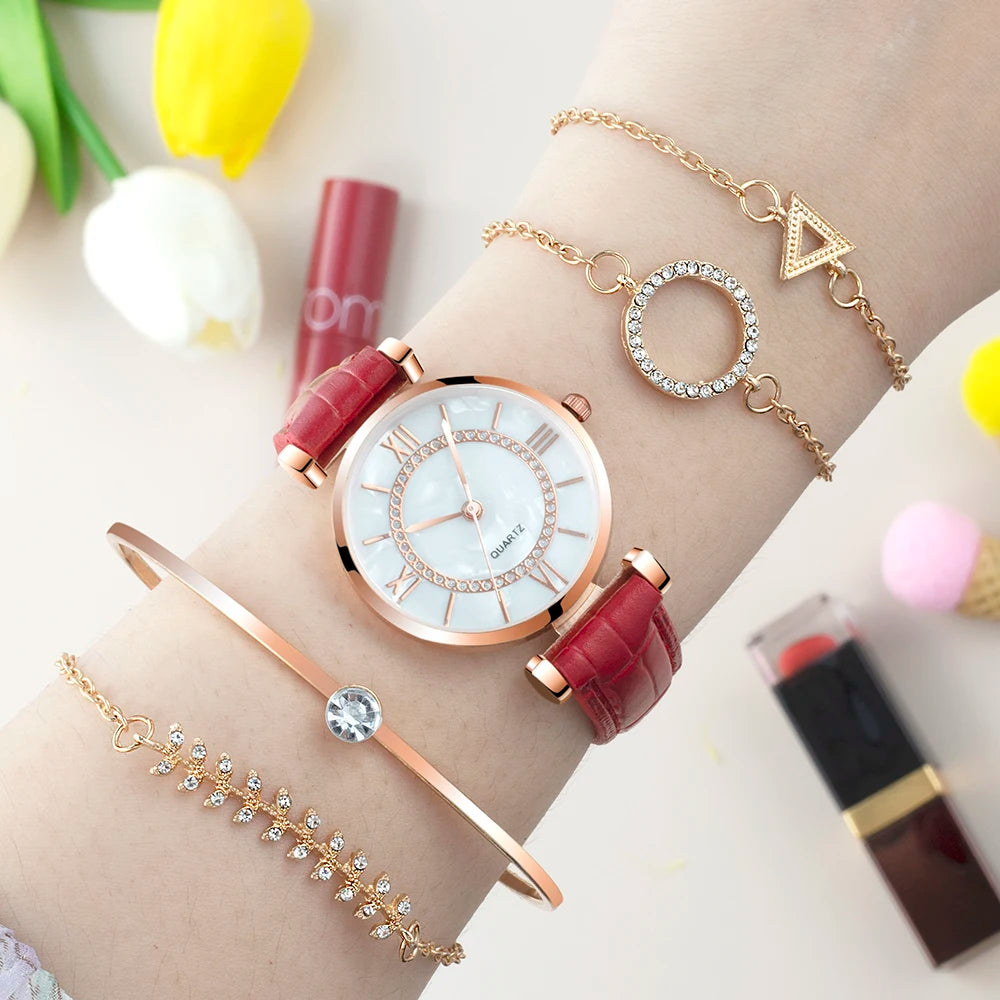 5pcs Women Watch Set Woman Casual Quartz Wristwatch Leather Bracelet Luxury Watch 2022 Gift For Girlfriend Relogio Femenino