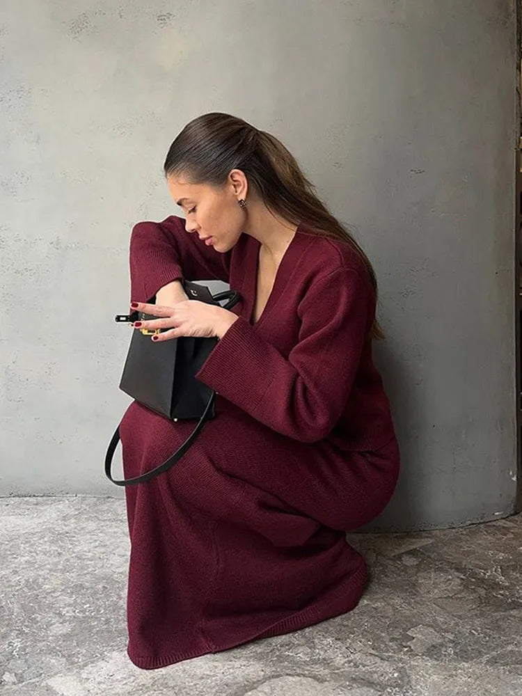 2024 Chic Burgundy High Waisted Knitted Skirt Sets Women's Elegant V-neck Button Down Cardigan Suit Autumn Female Commute Outfit