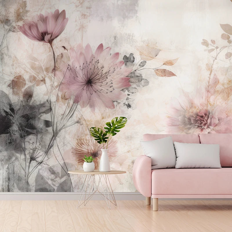 Zeeko Retro Lotus Flower Large Mural Peel And Stick Vinyl Floral Wallpaper Self-adhesive Pink TV Background Landscaping