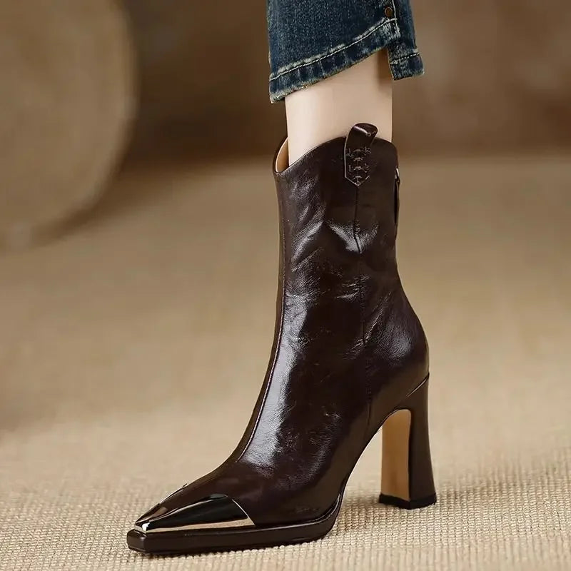 Vintage Brown Women Ankle Boots Fashion Elegant Zippers Shoes Autumn Winter Square Heel Laides Stretch Modern Short Booties