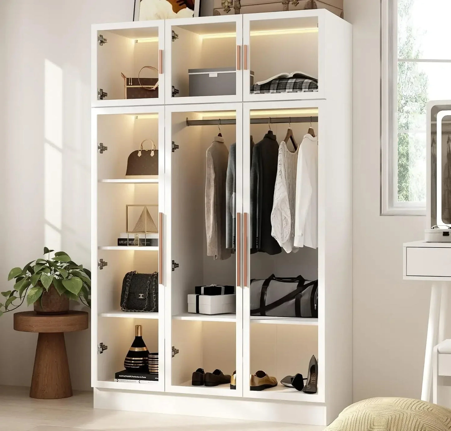 Wardrobe Cabinet, LED Lights, Armoire Closet with Glass Doors, Wooden Large Wardrobe with Hanging Rod & 5 Tiers Shelf