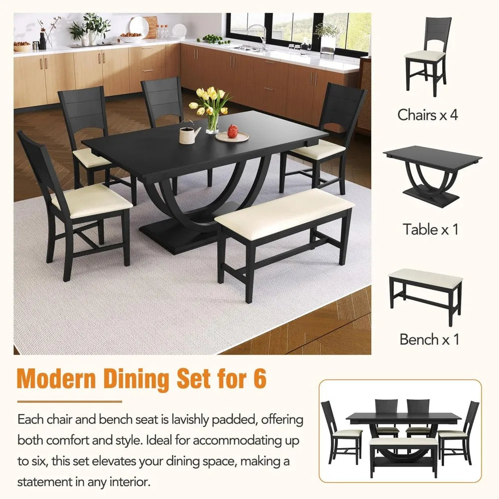 6 Piece Dining Table Set, with Long Bench and 4 Upholstered Dining Chairs, Modern Wooden Half Round Kitchen Table Set