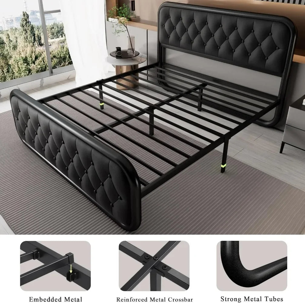 Queen Bed Frame, Heavy Duty Bed Frame with Faux Leather Headboard, Upholstered Beds with Strong Metal Slats, 12" Bed Frame