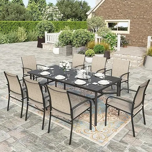 9 Pieces Patio Dining Set, 8 X Textilene Patio Chairs and 1 X 83 Large Rectangle Dining Table,Outdoor Furniture Set