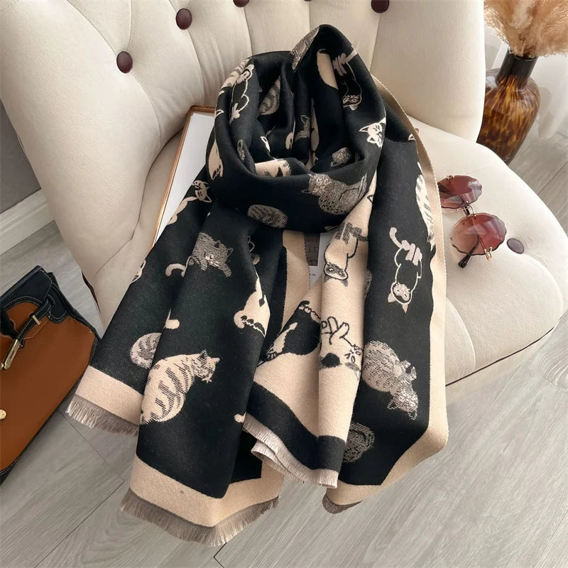 Winter New Fashion Warm Cashmere Shawl Scarf Women's Cat Print Pashmina Thick Scarf Women's Style Workplace Women 2024