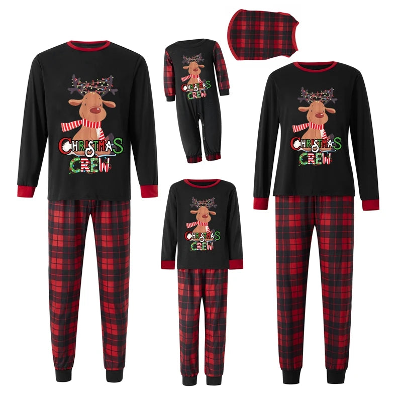 Christmas Matching Pajamas Elk Print Long Sleeve Shirt and Plaid Pants Set Loungewear Soft Sleepwear