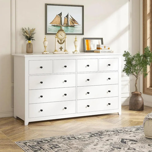 White Dresser, Dresser for Bedroom with 10 Deep Drawers Wood with Smooth Metal Rail, Large Chests of Drawers