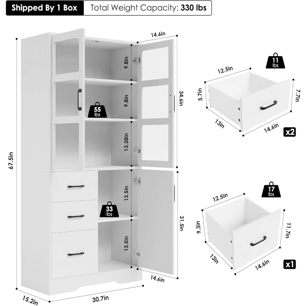 Tall Bathroom Storage Cabinet with Glass Display Doors and Shelves, 67” Modern Tall Cabinet with 3 Drawers,