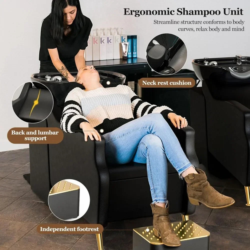 Shampoo Chair and Bowl for Salon, Backwash Shampoo Station Sink with Ceramic Bowl and Footrest, Shampoo Chairs