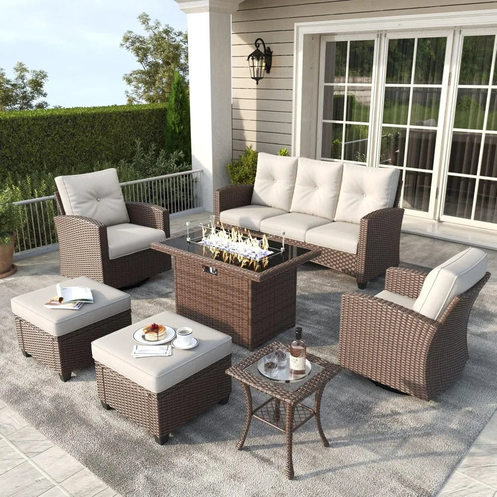 7 Pieces Patio Furniture Set, Rattan Wicker Rocking Glide Chairs with 44" Propane Gas Fire Pit Table, Garden Furniture Sets