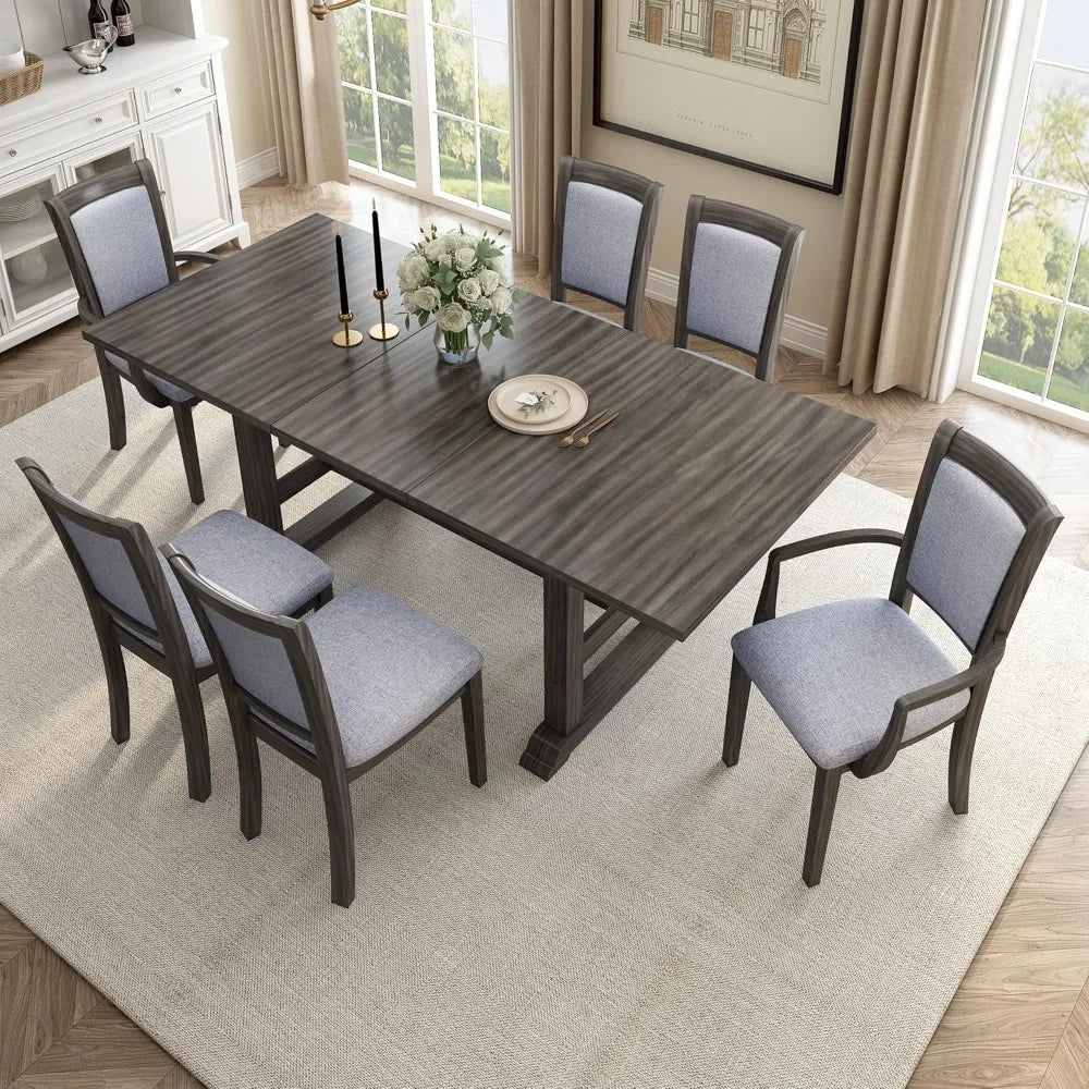 7-Piece Dining Table Set, 76.9inch Extendable Trestle Dining Table with Upholstered Side Chair and Arm Chair, Dining Table Set