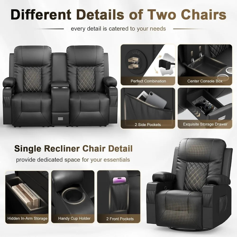 Living Room Furniture Set, Recliner2 Seate and 360° Swivel Recliner Chair with Massage,Luxur Reclining Sofa 2PC SetforLivingRoom