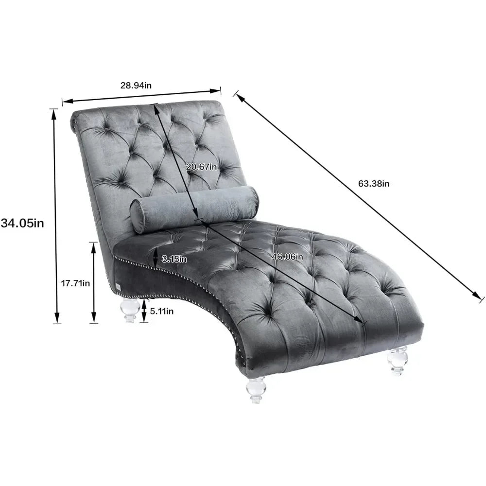 Velvet Chaise Lounge Chair with Toss Pillow, Tufted Button Lounge Chair with Acrylic Legs, Upholstered Indoor Sleeper Chair