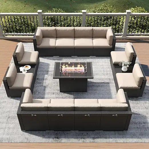 Outdoor Rattan Sofa, Fire Pit Table, Outdoor Conversation Sets Wicker  Sectional Sofa ,Coffee Table,15 Piece Patio Furniture Set