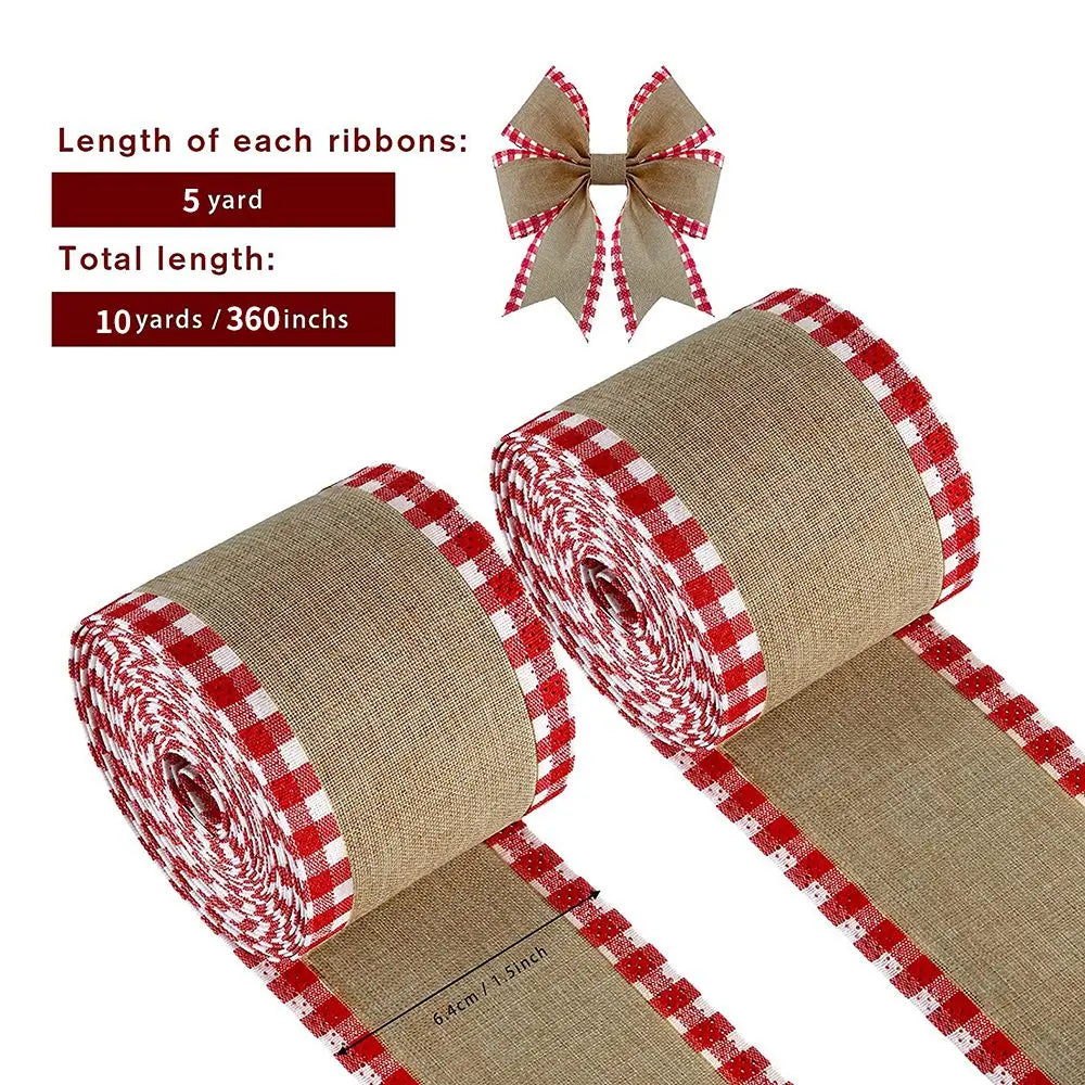 2 Rolls Buffalo Plaid Wired Edge Ribbons Christmas Imitate Burlap Fabric Craft Wrapping Ribbon Rolls with Checkered Edge