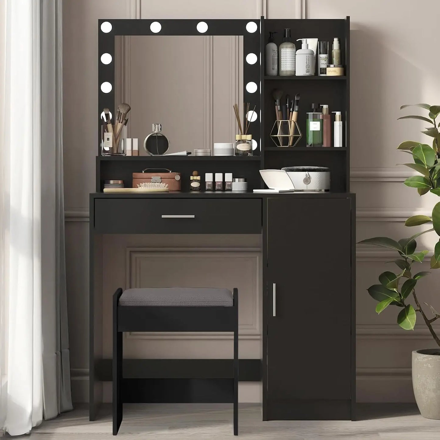 Vanity Desk with Mirror & Light, Drawer Three Level Storage , 3 Lighting Modes Adjustable Brightness, Bedroom Dressing Table