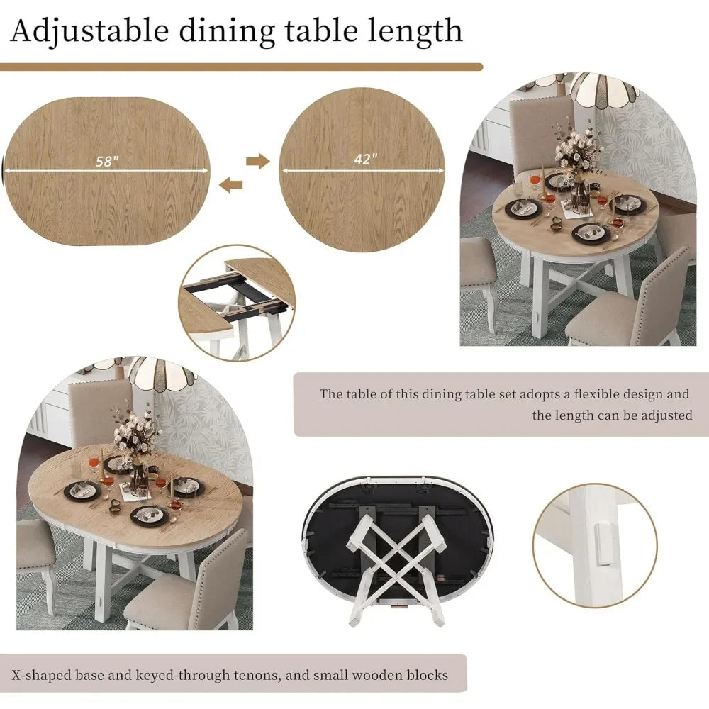 5-Piece Farmhouse Dining Table Set Wood Round Extendable Dining Table and 4 Upholstered Dining Chairs Suitable for living room