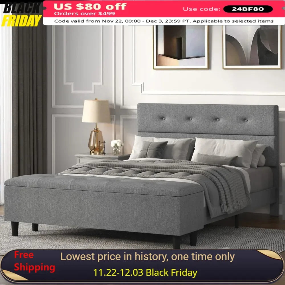 Queen Bed Frame, Upholstered Platform Beds Frames with Mattress Foundation, Wood Slat Support, Bed Frame