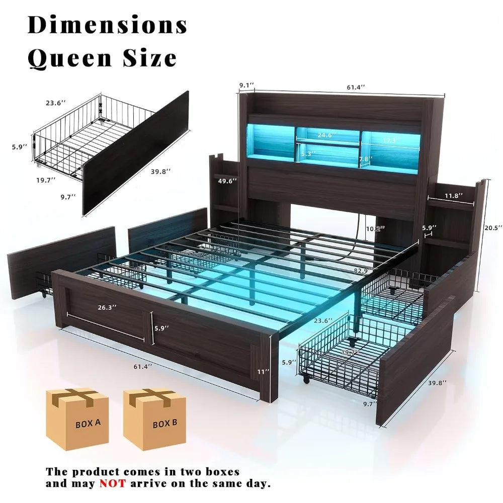 Queen Bed Frame with Bookcase Headboard & 2 Bedside Stoage Racks & 4 Drawers, Wood Bed Frame with RGB LED & Charging Station