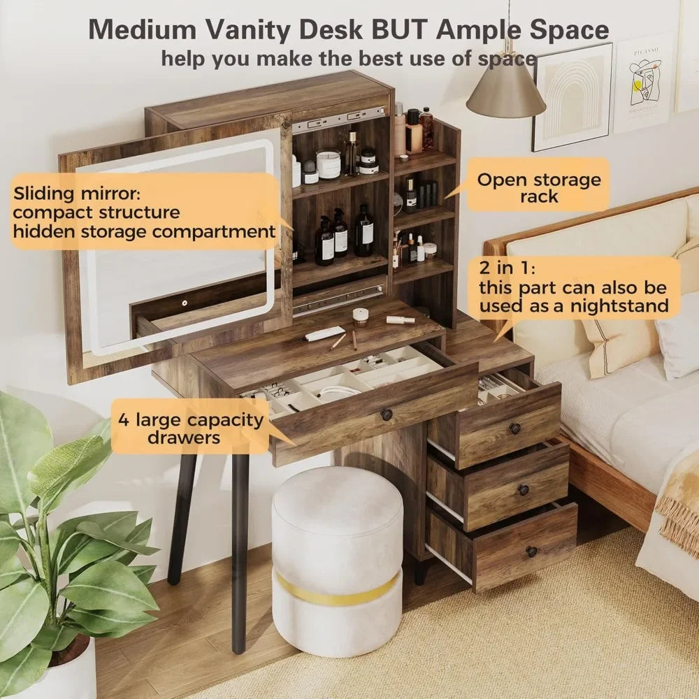 Vanity Desk with Sliding Mirror and LED Lights, 2 in 1 Wooden Makeup Vanity Desk with Sliding Mirror, Medium Makeup Table