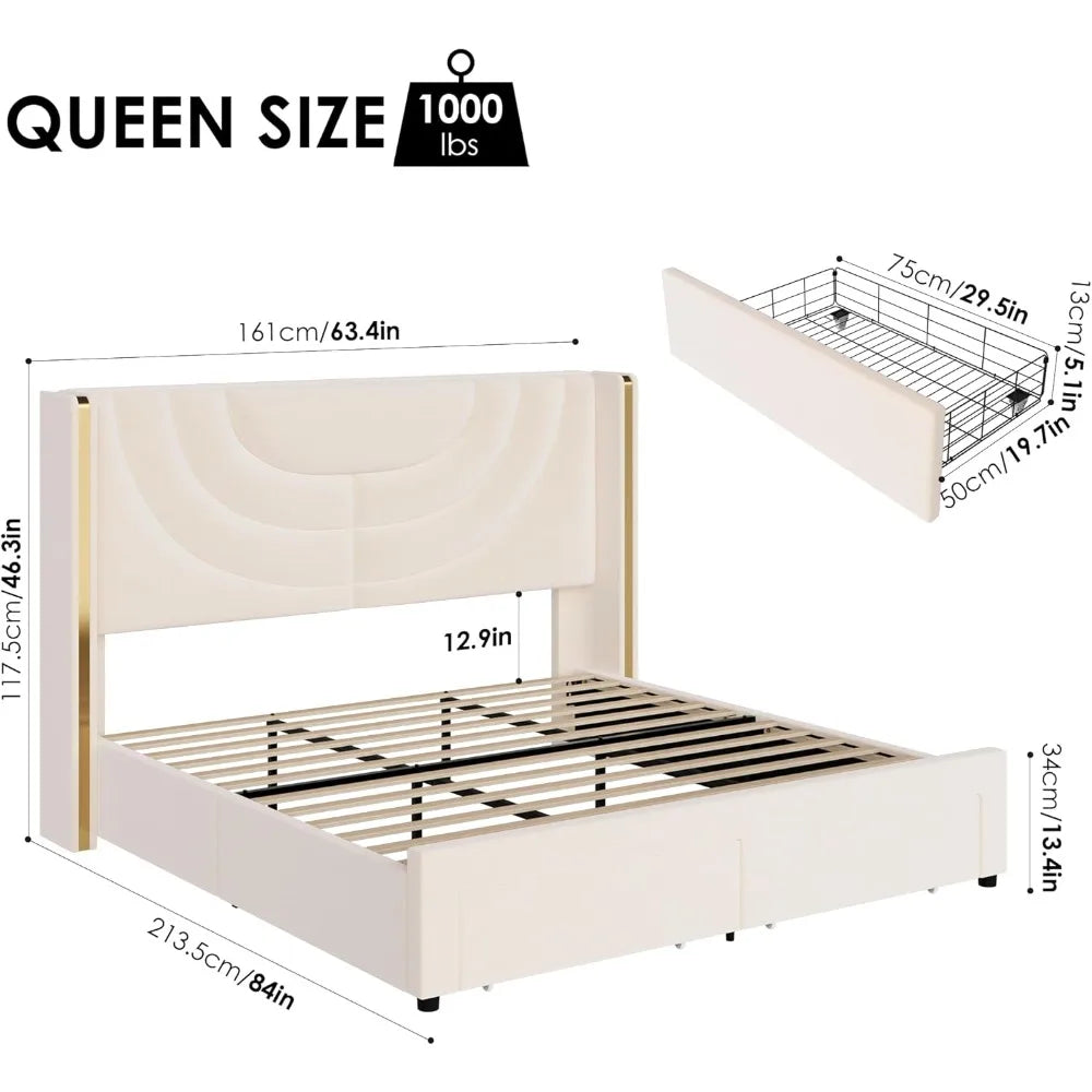 Upholstered LED Bed Frame with 2 Storage Drawers, Velvet Platform Bed with Wingback Headboard, Solid Wooden Slats Support