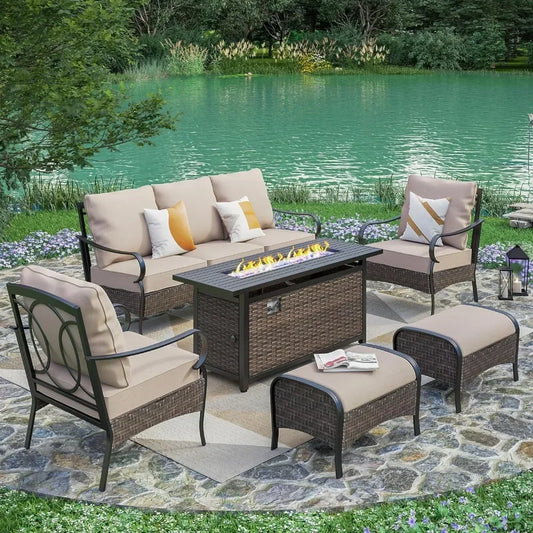 6 Pieces Outdoor Patio Furniture Set with Fire Pit Table, Large Outdoor Conversation Sets for 7, Metal Patio Furniture Set