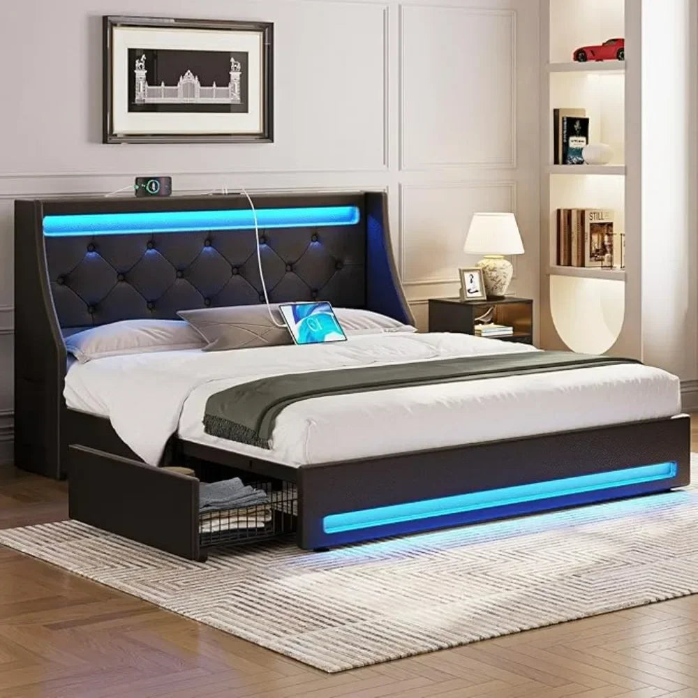 Queen Bed Frame with LED Lights and Charging Station, PU Leather Bed with Drawers, Wooden Slats, Noise Free, Easy Assembly,Black