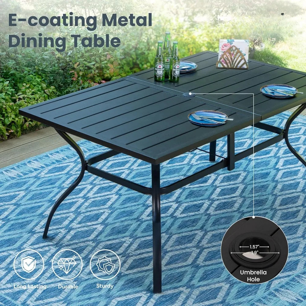 Patio Dining Table and Chairs, Textilene Fabric and Metal Frame, Metal Dining Table with Umbrella Hole,Outdoor Garden Dining Set