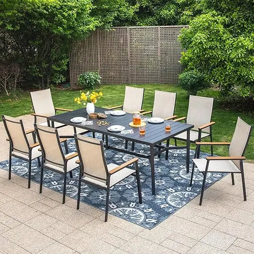 9 PCS Outdoor Table and Chairs Set, Stackable Aluminum Dining Chairs and Elongated Metal Table, Patio Dining Set for Garden