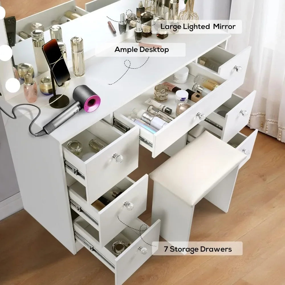 Vanity with Lighted Mirror,3 Color Lighting Modes Adjustable Brightness Makeup Vanity Desk with Power Outlet and LED Bulbs