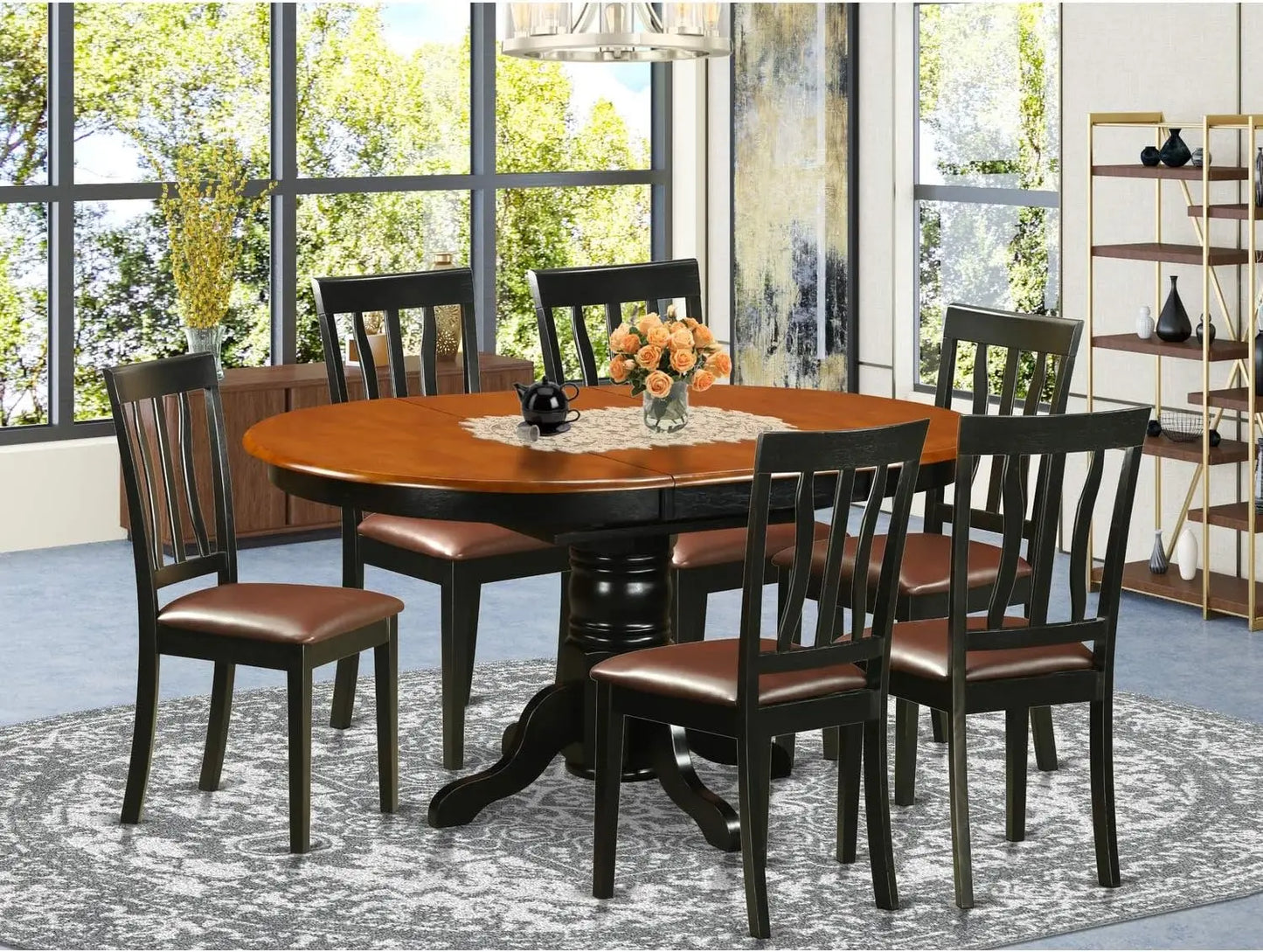 7 Piece Dining Room Table Set Consist of an Oval Kitchen Table with Butterfly Leaf and 6 Faux Leather Upholstered Dining Chairs