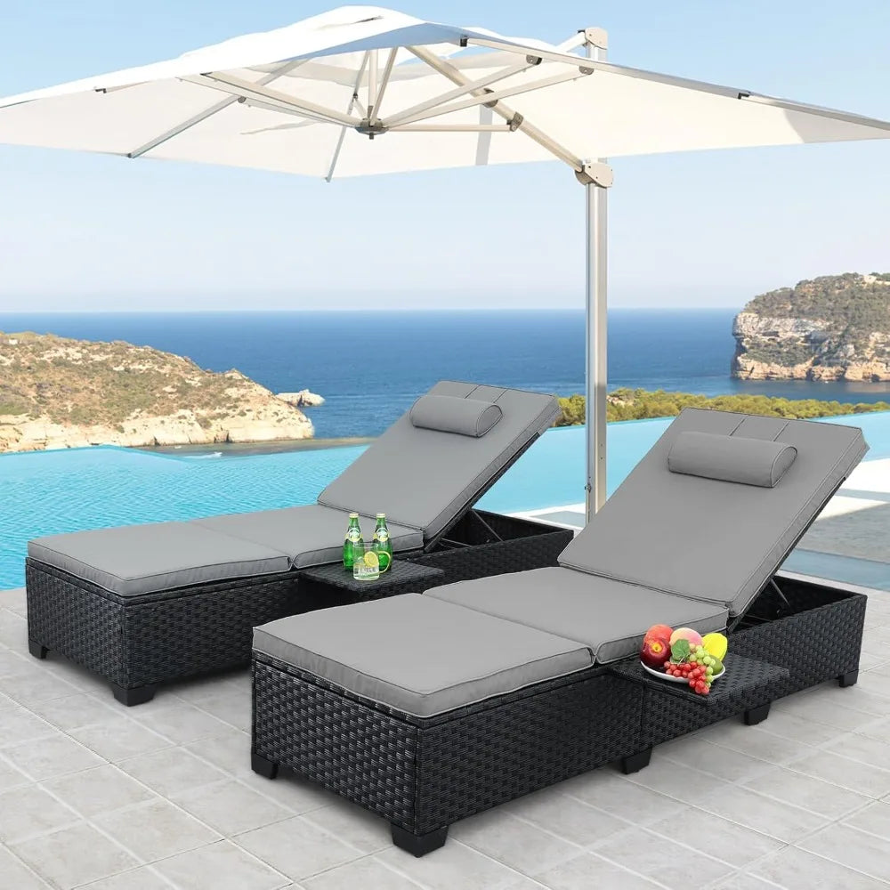 Outdoor Chaise Lounge Chairs for Outside Patio Furniture Set of 2 Black Rattan Pool Reclining Chair  Backrest Sunbathing