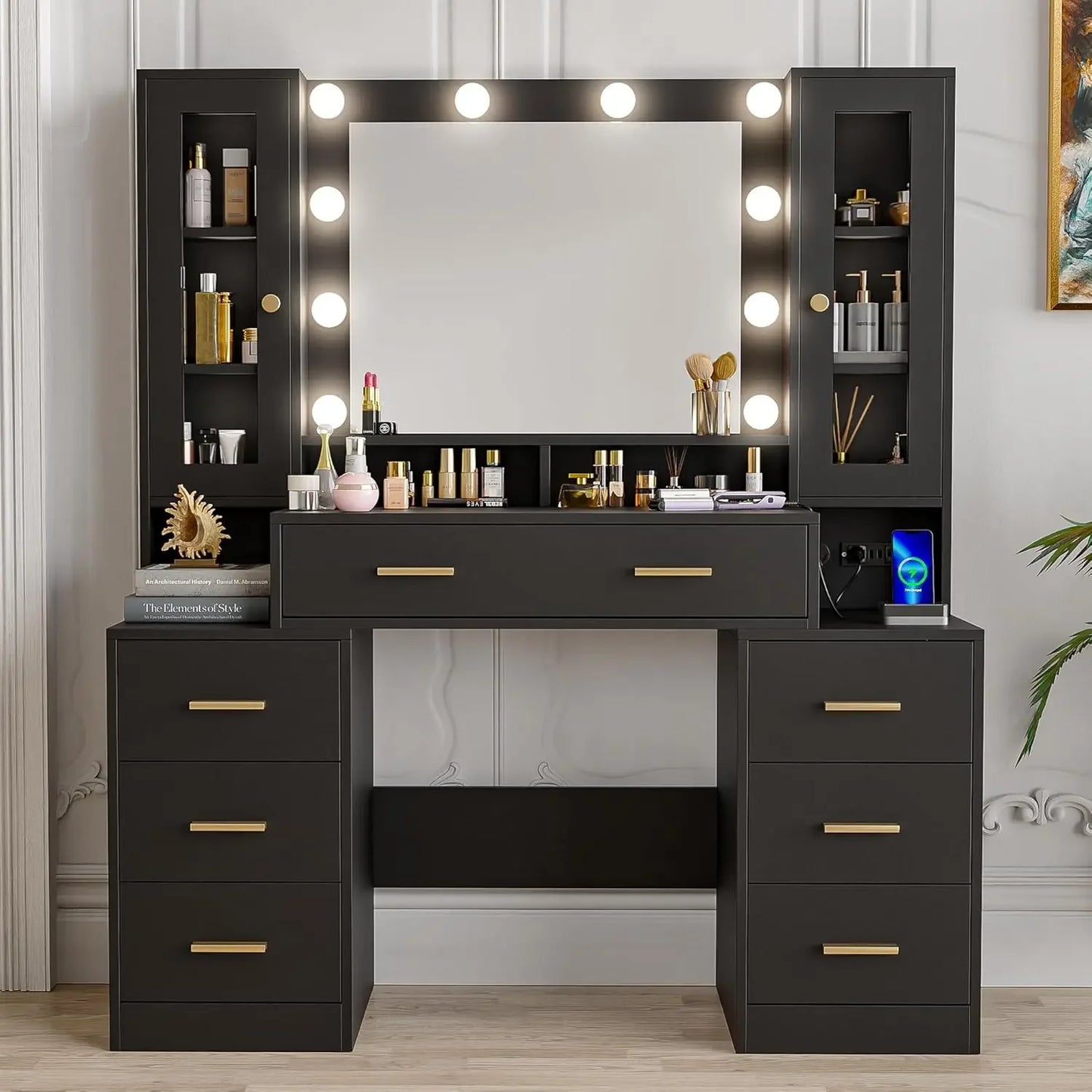 Vanity Desk with Mirror and Lights & Charging Station, Makeup Vanity Mirror Adjustable Brightness, Large Dressing Table