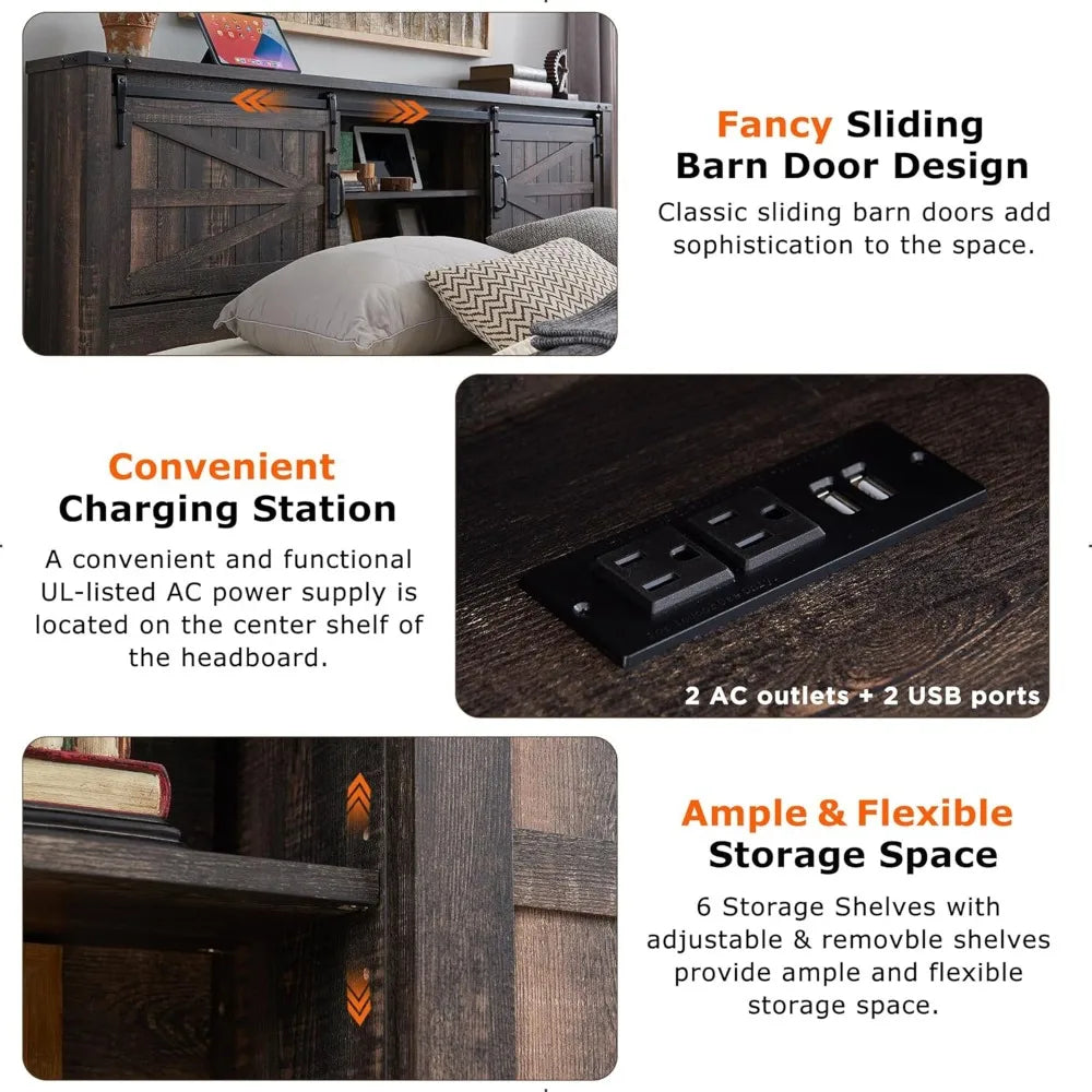 Sliding Barn Door Double Bed Dark Rustic Oak No Box Spring Needed Rustic Wood Platform Bed W/Wood Slats Support Charging Station