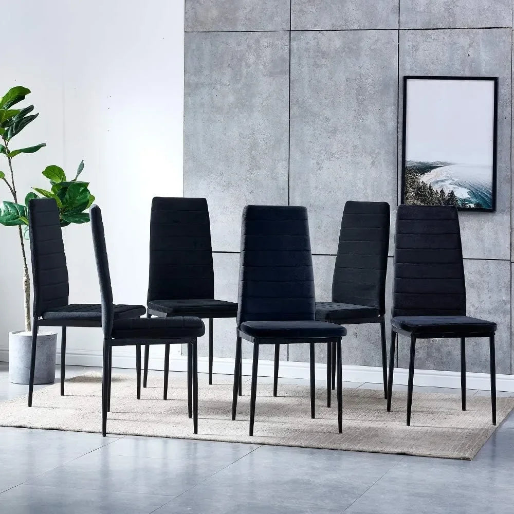 7Piece Modern Black Dining Table and Chairs Set of 6for Small Kitchen,Glass Tempered Rectangular Table and 6 Black Velvet Chairs