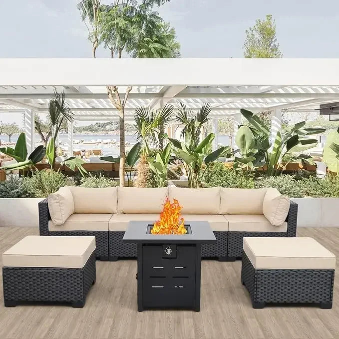 7 Pieces Outdoor PE Wicker Furniture Set Patio Rattan Sectional Conversation Sofa Set with Red Cushions and Fire Pit Table