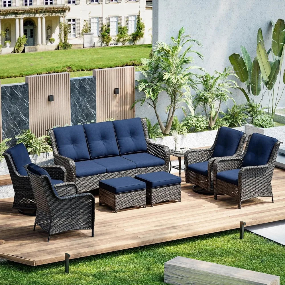 Wicker Patio Furniture Sets, with 3-Seat Sofa, 2Swivel Rocking Armchairs, 2 Armchairs,8 Piece Outdoor Furniture Conversation Set