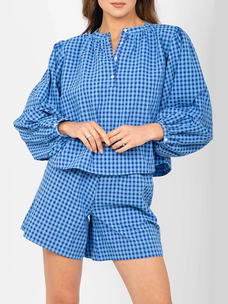 Women Pajamas Set 2 Pieces Loungewear Suits Plaid Buttons Long Sleeve Loose Tops and Shorts Sleepwear Outfits