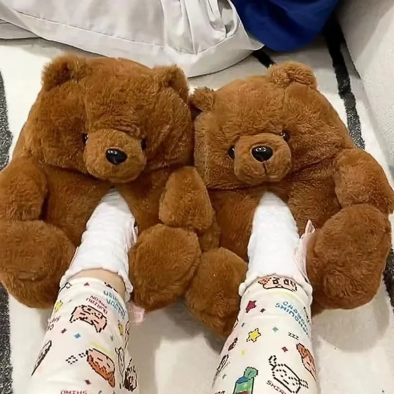 Cartoon Bear Cotton Slippers Warm Cute Teddy Bear Slippers Oversize Indoor Home Winter Plush Cotton Shoes