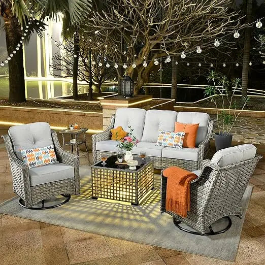 5 Piece Outdoor Patio Furniture, with 3 Seat Sofa,Rattan Wicker Coversation Se,Balcony Sofa  Set,Garden Furniture Sets