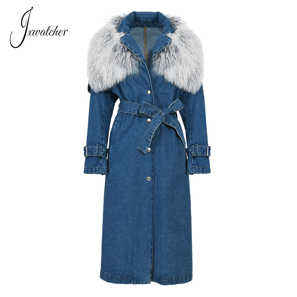 Jxwatcher Denim Coat 2024 New Coming Denim Windbreak With Mongolian Fur Collar Women's Spring Jacket Ladies Trench Coats Autumn