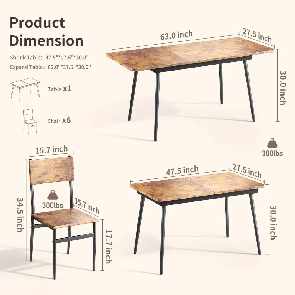 63” Extendable Dining Table Set for 4-6 People, 7-Piece Dining  Set for 6 People with 6 Chairs, MDF Wood Board Kitchen