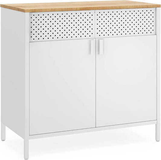 Sideboard, Buffet Table with Adjustable Shelves, Floor Storage Cupboard, Steel Frame, Natural and White ULSC102W57