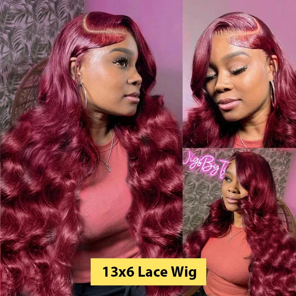 99j Burgundy Body wave Lace 13x4 Front Human Hair 13x6 200 Density HD Transparent Lace Frontal Wig Brazilian For Black Women